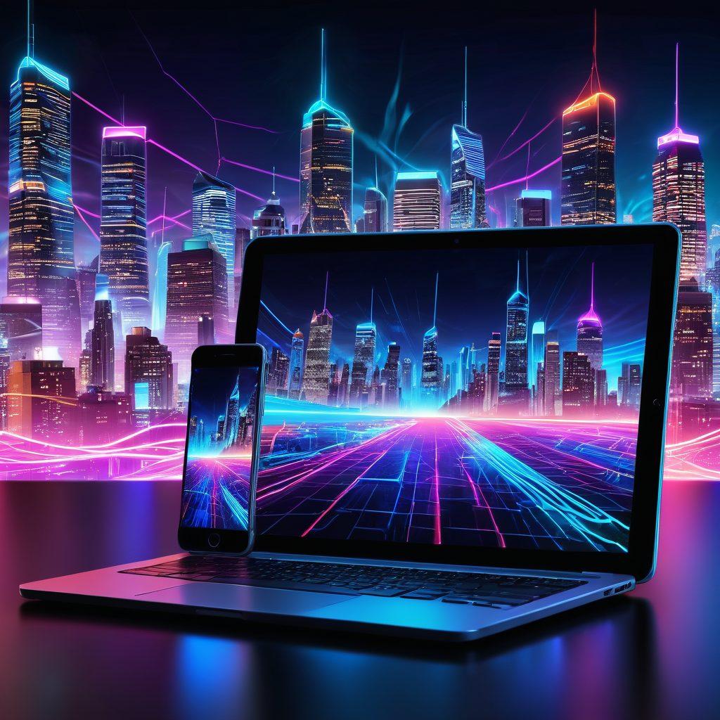 A dynamic, futuristic web interface showcasing vibrant digital content streaming across multiple devices including a tablet, smartphone, and laptop, all connected by intricate neon light waves. In the background, a digital cityscape hinting at innovation and technology. The scene should exude excitement and modernity. super-realistic. vibrant colors. cyberpunk.