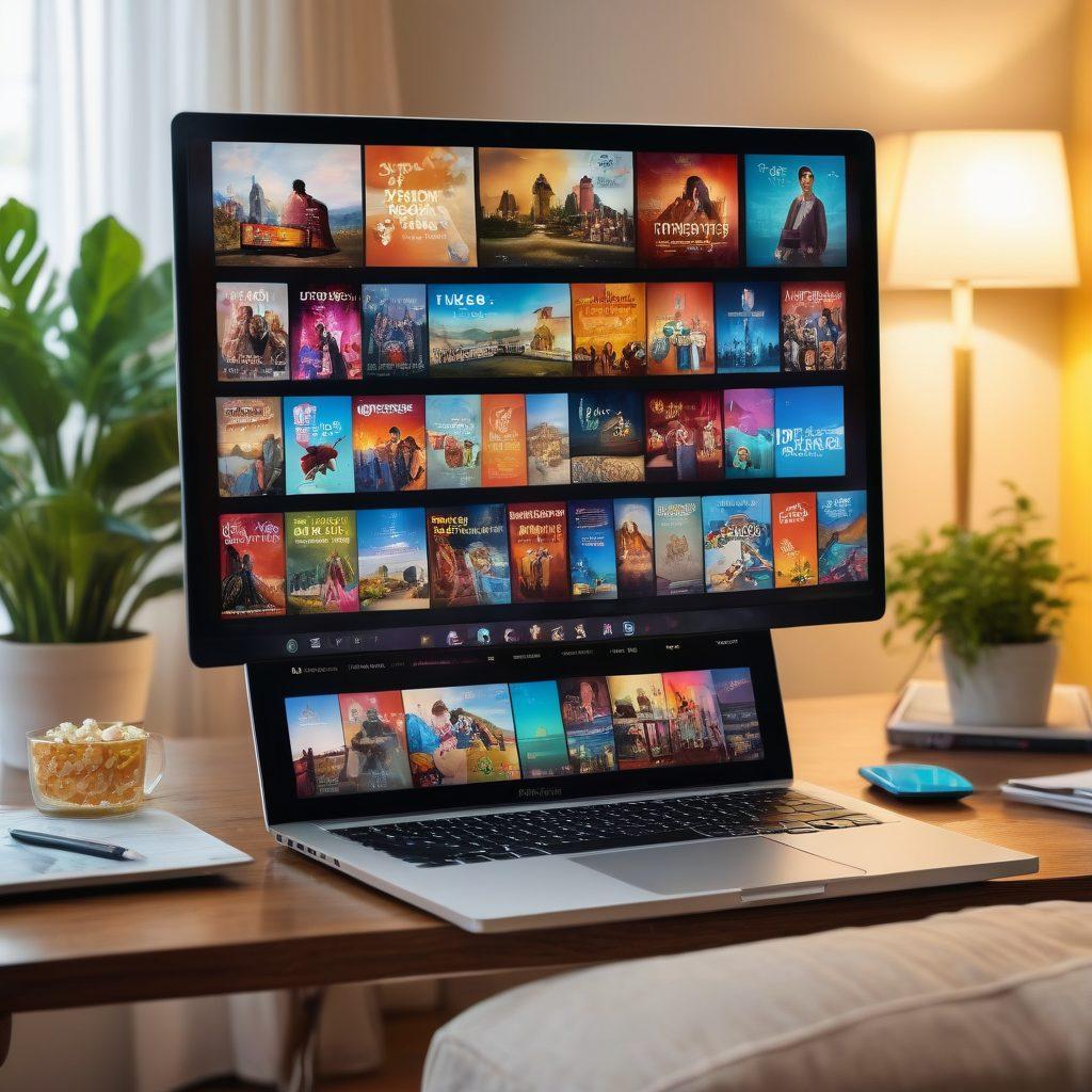 A sleek modern laptop screen showcases a vibrant streaming service homepage, filled with colorful thumbnails of movies and TV shows. In the background, dreamy floating icons of film reels, popcorn, and music notes emphasize the endless entertainment options. The scene is set in a cozy living room with soft lighting and a comfortable sofa. Super-realistic. Vibrant colors. Cozy ambiance.